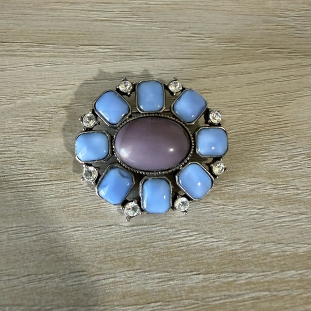 Vintage Silver Tone Pastel Acrylic Cabochon Rhinestones Flower Brooch. Signed LC